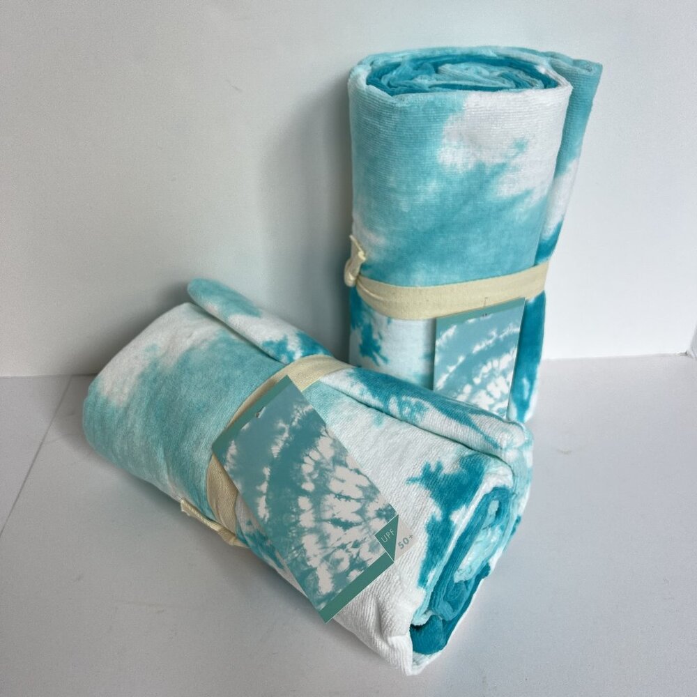 POTTERY BARN TEEN Set of 2 Tie Dye Burst Beach Towels TEAL NEW NWT PB TEEN